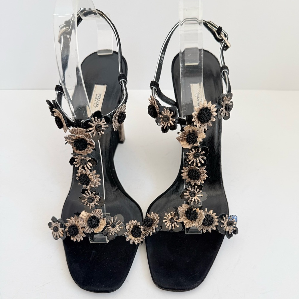 Prada Black Python Snakeskin Suede Floral Appliqué T-Strap Wedge Sandals EU40